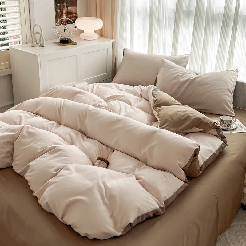 2-side Solid Color Brush Fabric Bed Set- 4 Pieces