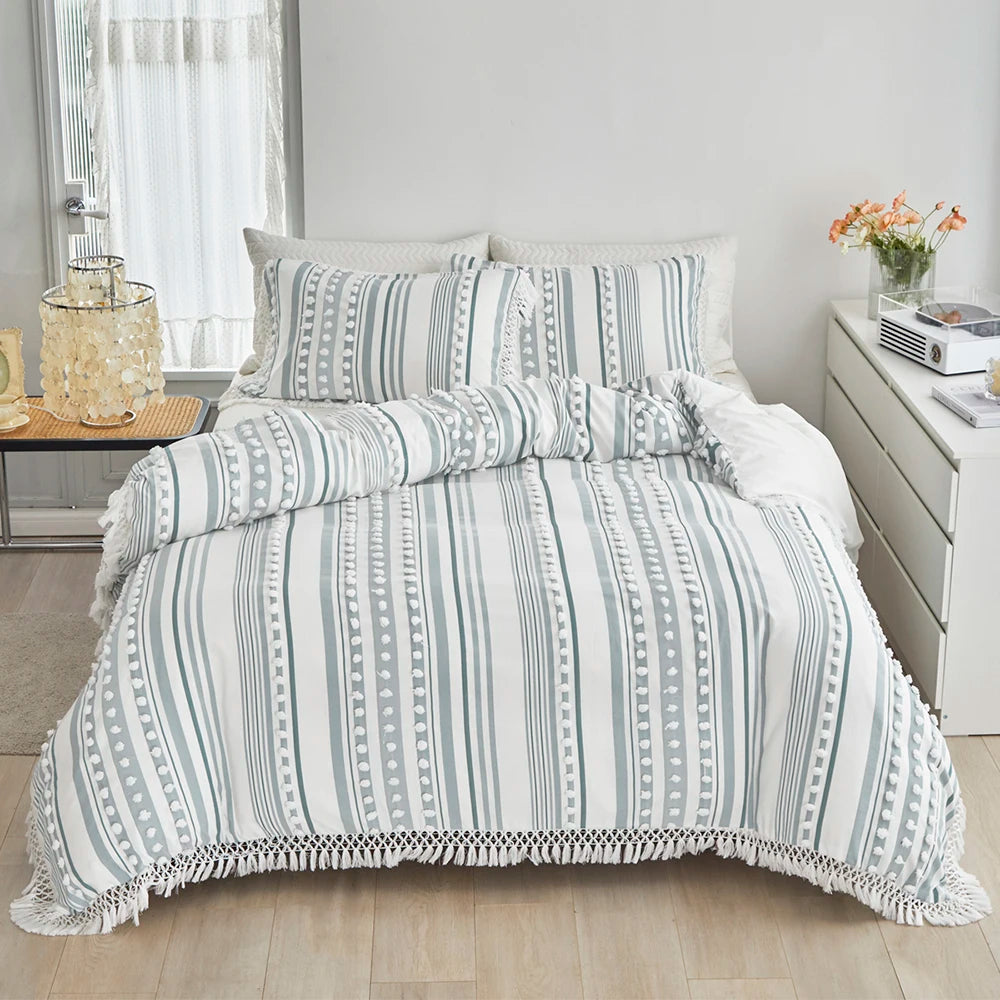 3-Pc Tassel Duvet Cover Set – Soft Polyester, All-Season