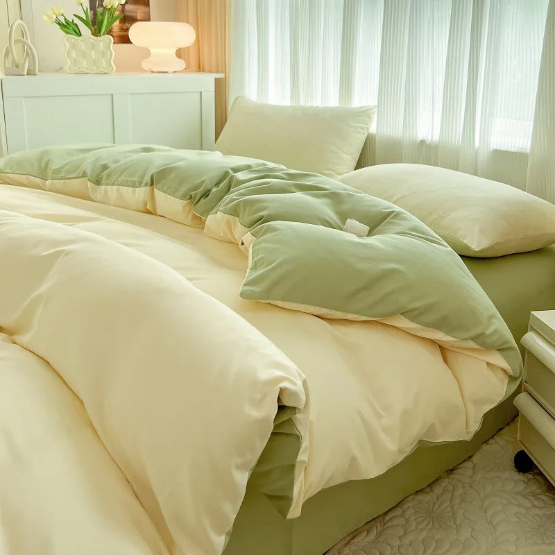 2-side Solid Color Brush Fabric Bed Set- 4 Pieces