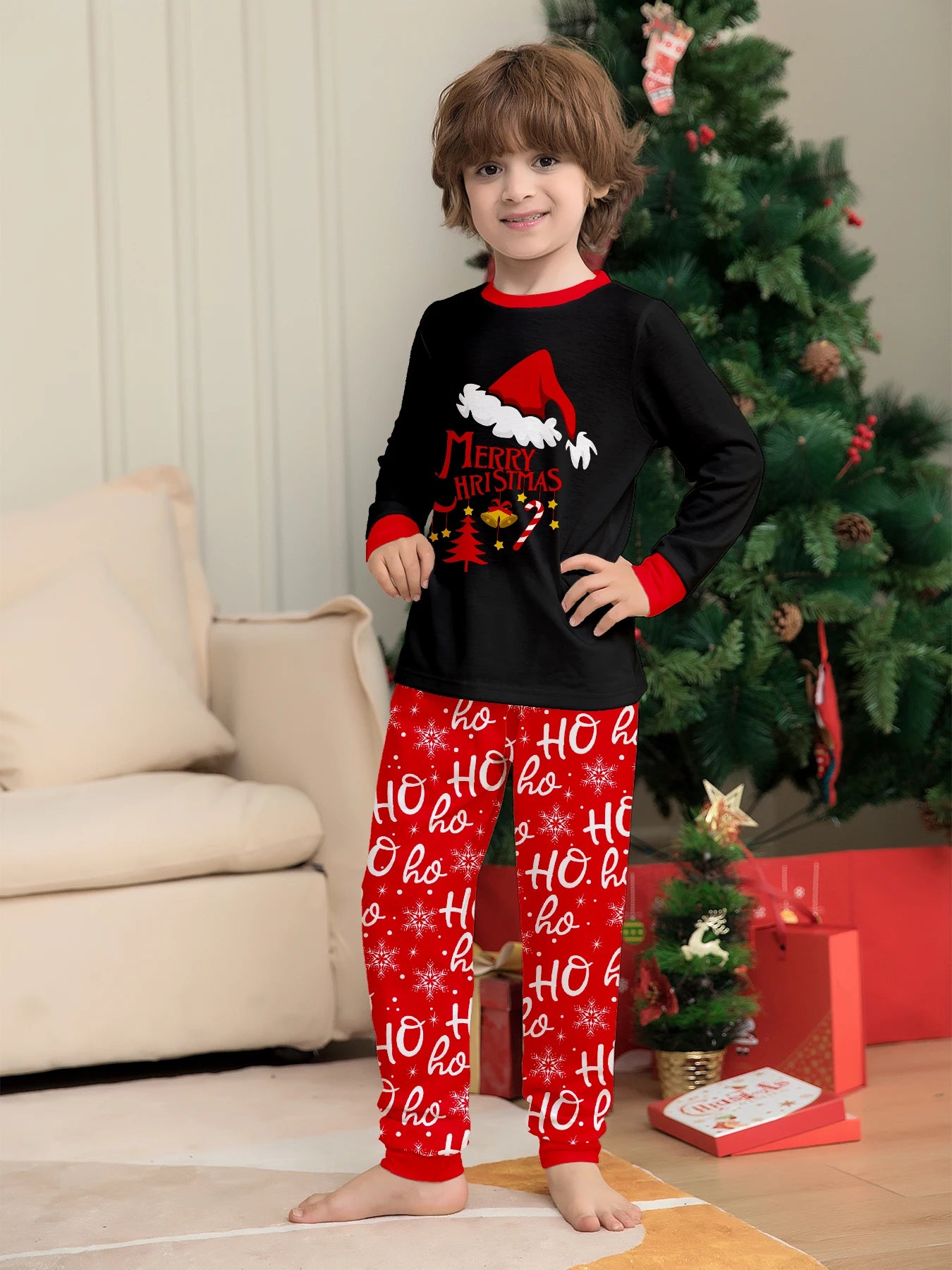 Festive Family Christmas Pajamas: Black with Santa Hat & 'Merry Christmas' + Red 'HO Ho' Pattern