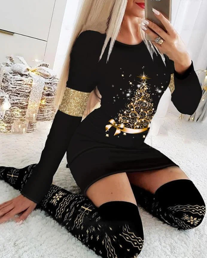 Christmas Dresses for Women Christmas Tree Print Long Sleeve O-neck Casual Bodycon Mini Dress 2022 Fashion Autumn