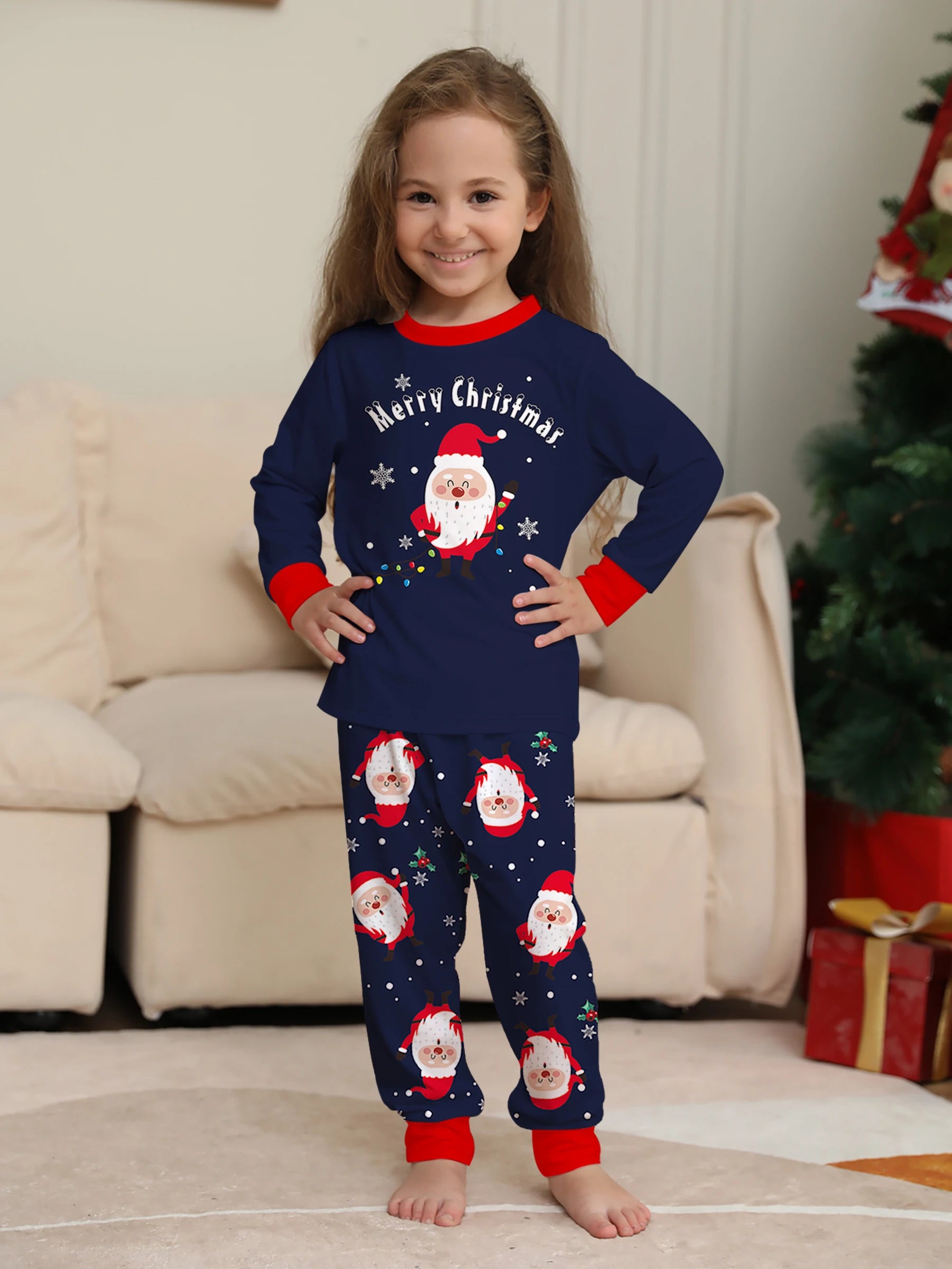 Christmas Family Pajamas - Navy Blue with Santa & Snowflake Prints, Festive Matching Sets for All