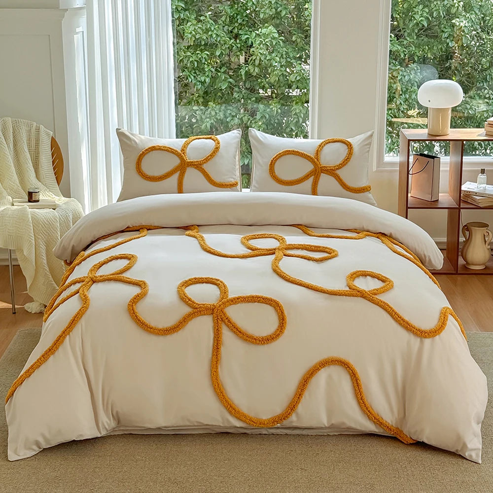 3-piece yellow tufted bowknot bedding cover set