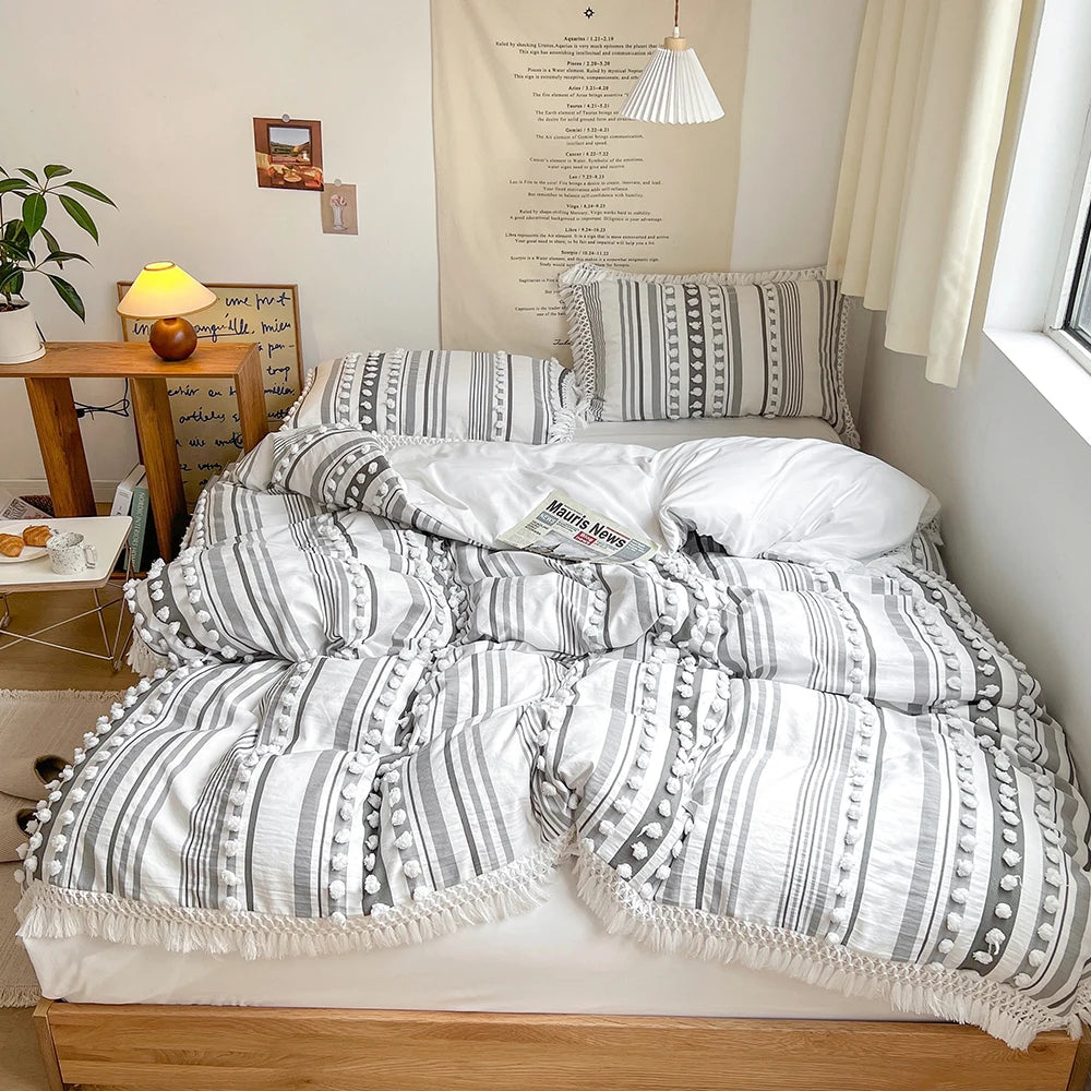 3-Pc Tassel Duvet Cover Set – Soft Polyester, All-Season