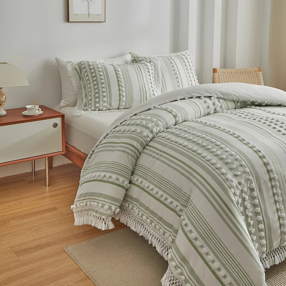 3-Pc Tassel Duvet Cover Set – Soft Polyester, All-Season