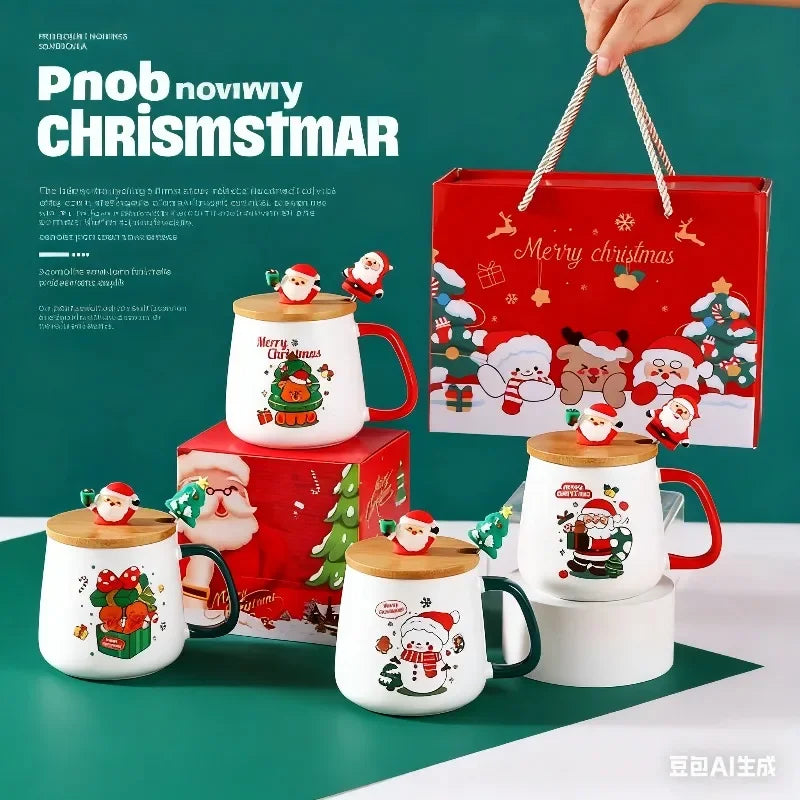 Christmas  ceramic mug with lid and spoon