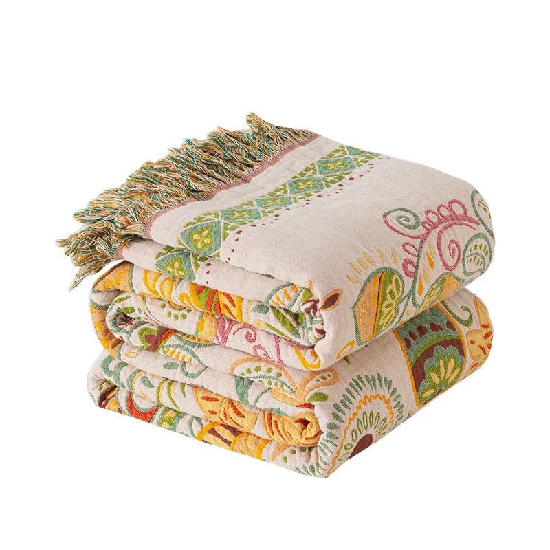 Lightweight Cotton Gauze Tassel Throw (Reversible, 4-Layer)