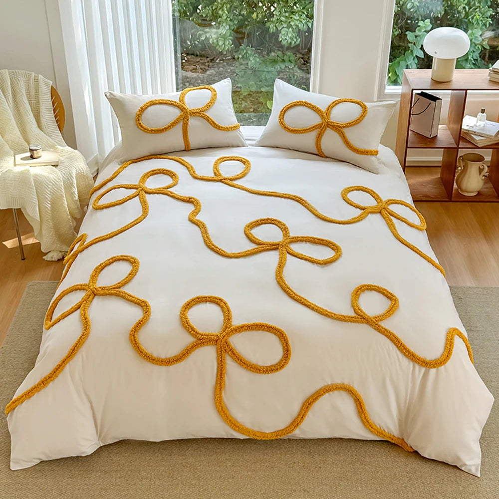 3-piece yellow tufted bowknot bedding cover set