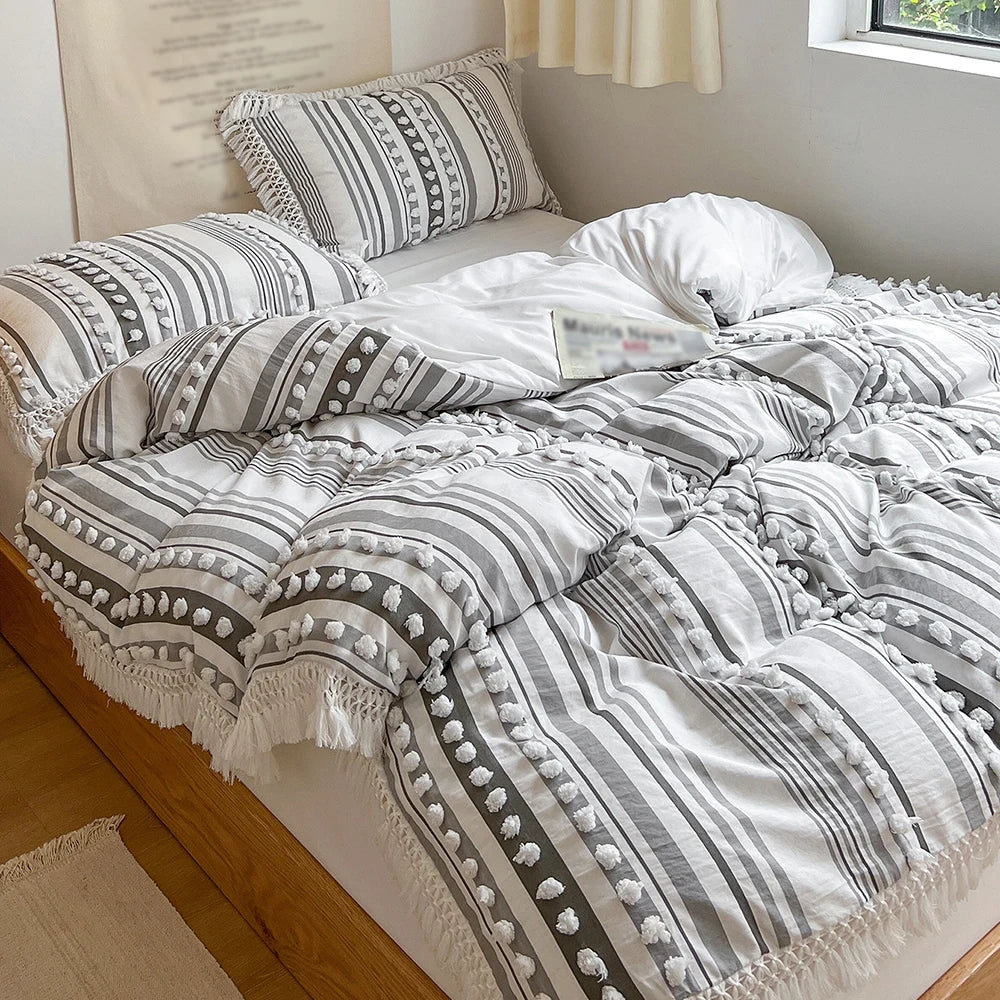 3-Pc Tassel Duvet Cover Set – Soft Polyester, All-Season