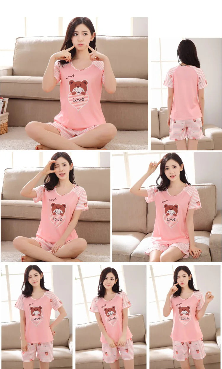 Women Thin Cute Sleepwear 2PCS Shirt Shorts Pajamas Set
