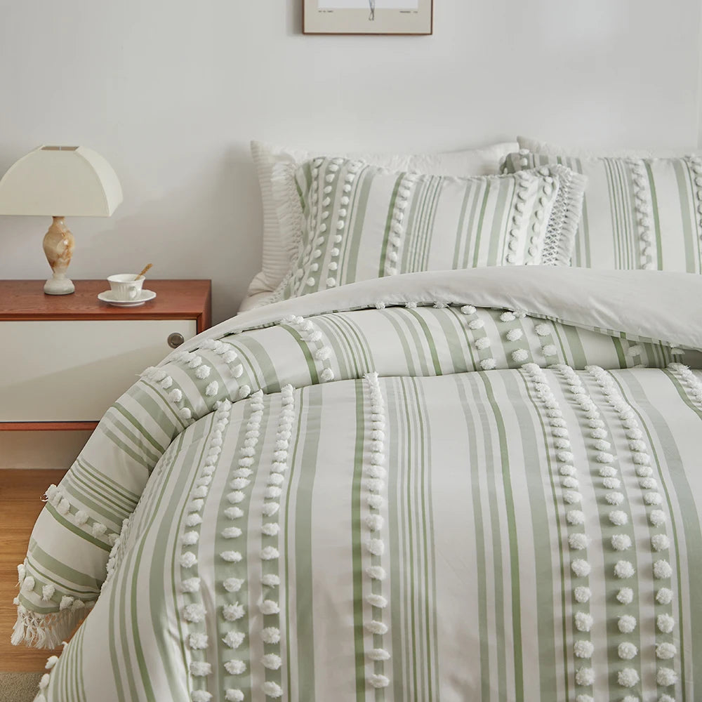 3-Pc Tassel Duvet Cover Set – Soft Polyester, All-Season