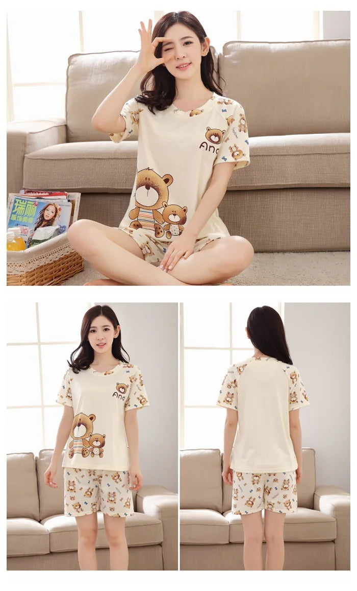 Women Thin Cute Sleepwear 2PCS Shirt Shorts Pajamas Set