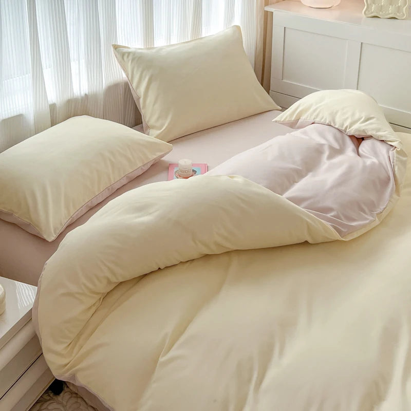 2-side Solid Color Brush Fabric Bed Set- 4 Pieces