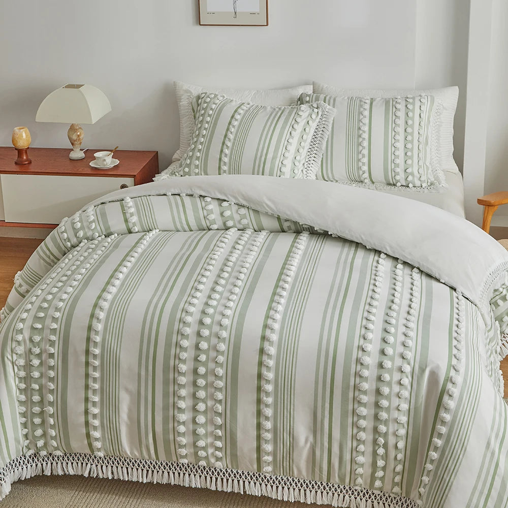 3-Pc Tassel Duvet Cover Set – Soft Polyester, All-Season