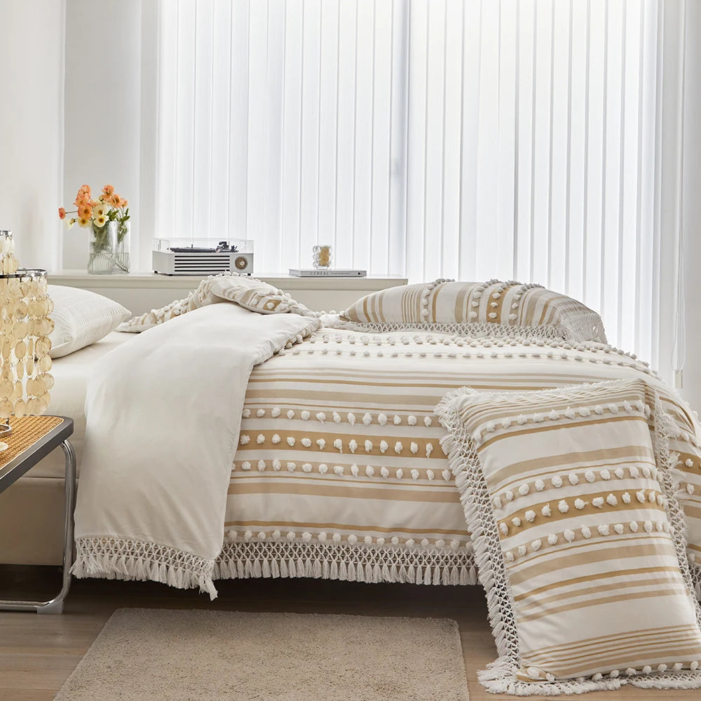 3-Pc Tassel Duvet Cover Set – Soft Polyester, All-Season