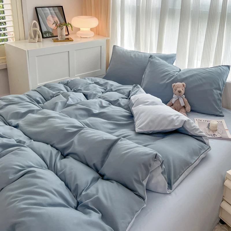 2-side Solid Color Brush Fabric Bed Set- 4 Pieces
