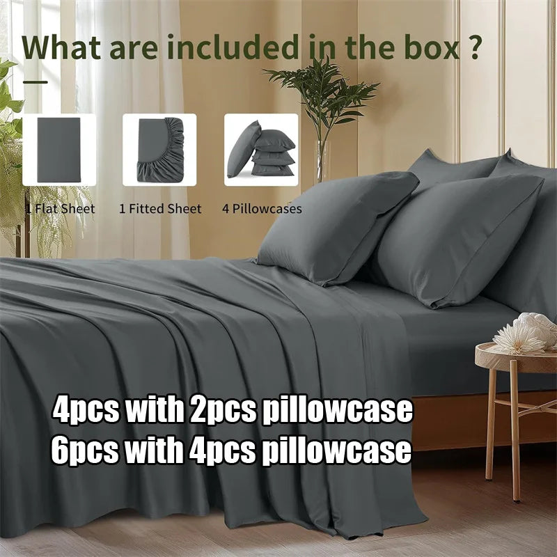 High End 100% Bamboo Bed Sheet Set Luxury Smooth Fitted Bed Sheet Flat Top Sheets Pillowcase Silky Cooling Bedding Set 4/6Pcs