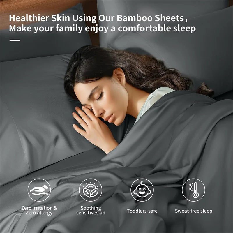 High End 100% Bamboo Bed Sheet Set Luxury Smooth Fitted Bed Sheet Flat Top Sheets Pillowcase Silky Cooling Bedding Set 4/6Pcs
