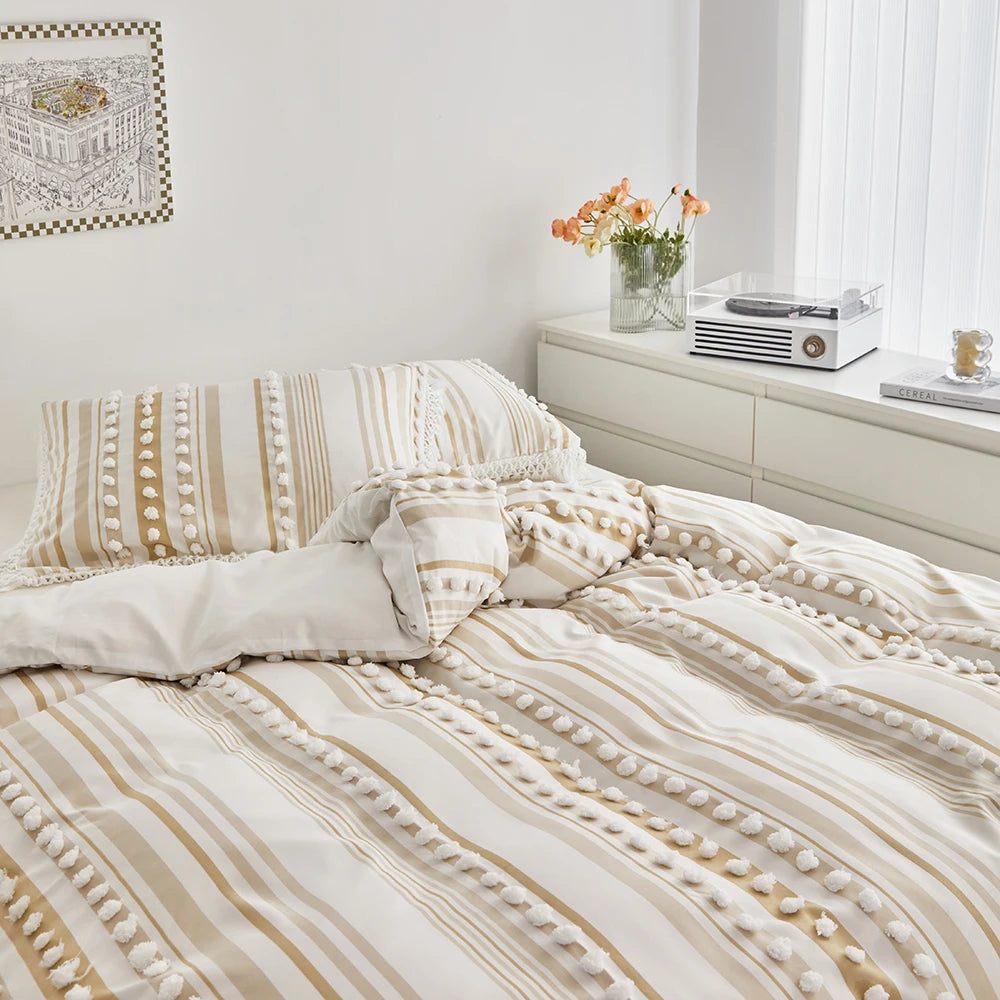 3-Pc Tassel Duvet Cover Set – Soft Polyester, All-Season