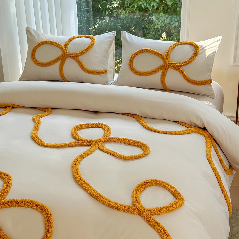 3-piece yellow tufted bowknot bedding cover set