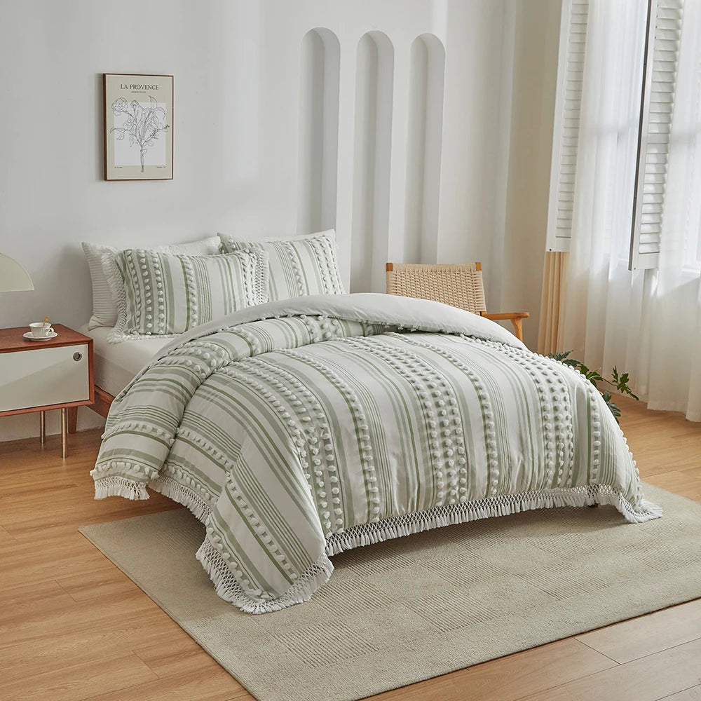 3-Pc Tassel Duvet Cover Set – Soft Polyester, All-Season