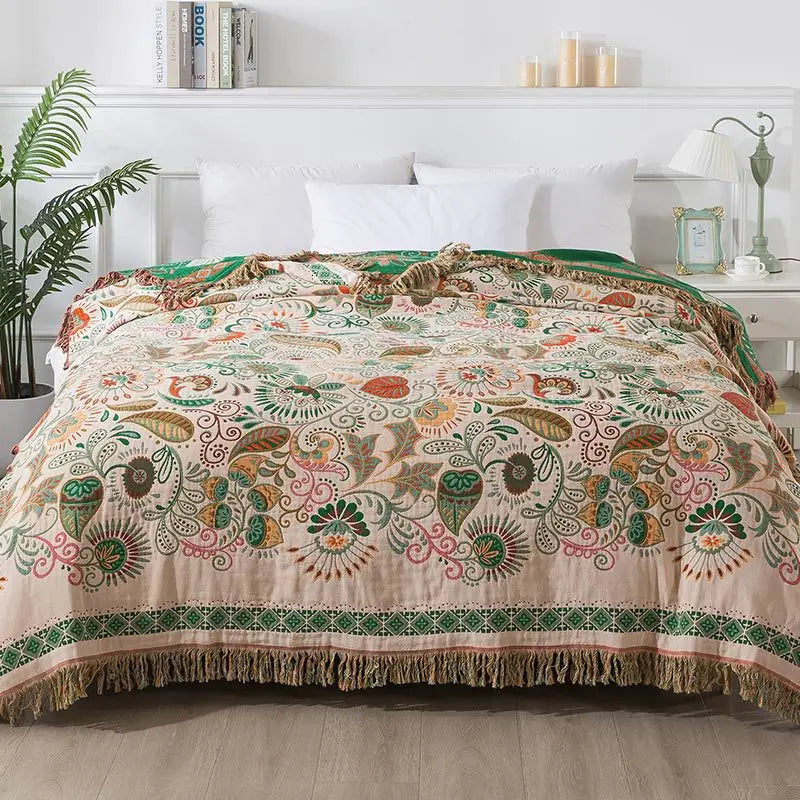 Lightweight Cotton Gauze Tassel Throw (Reversible, 4-Layer)