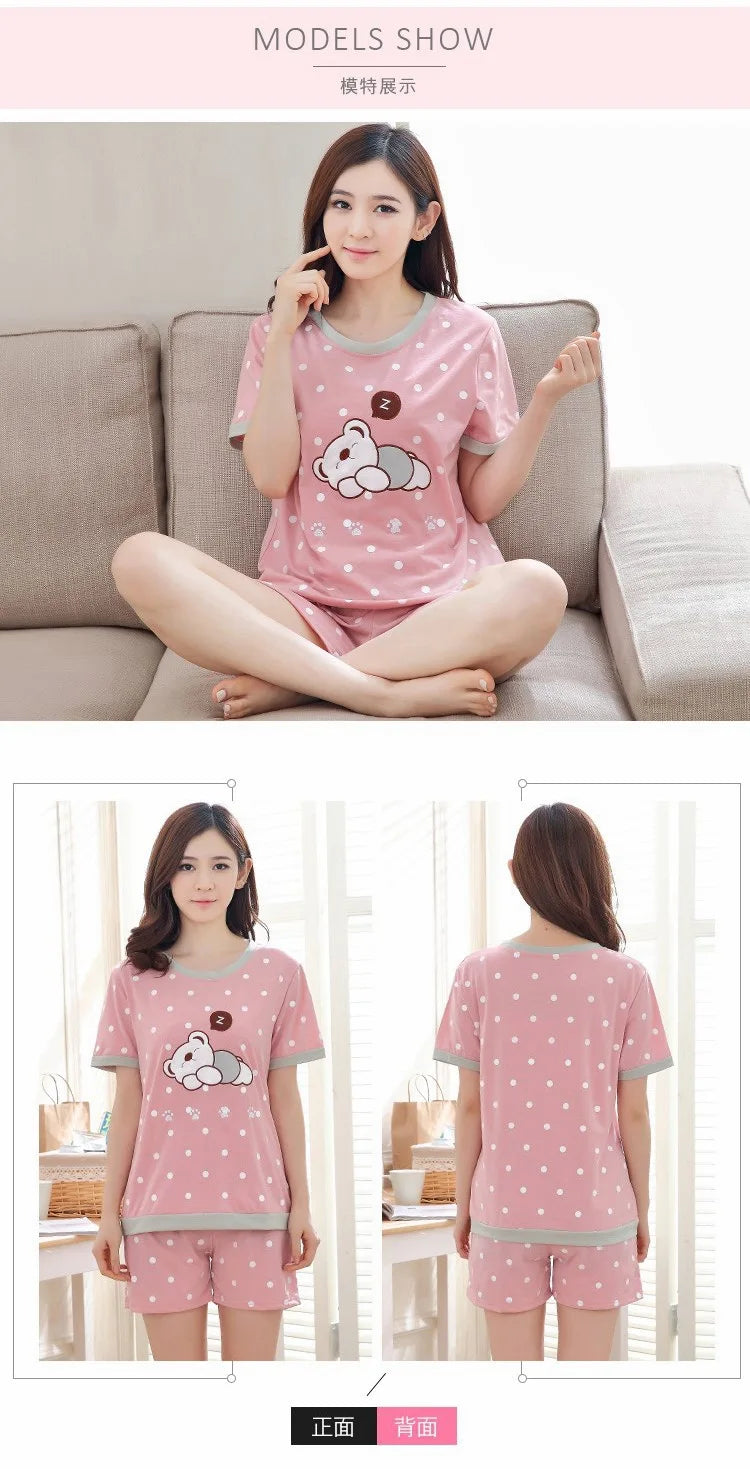 Women Thin Cute Sleepwear 2PCS Shirt Shorts Pajamas Set