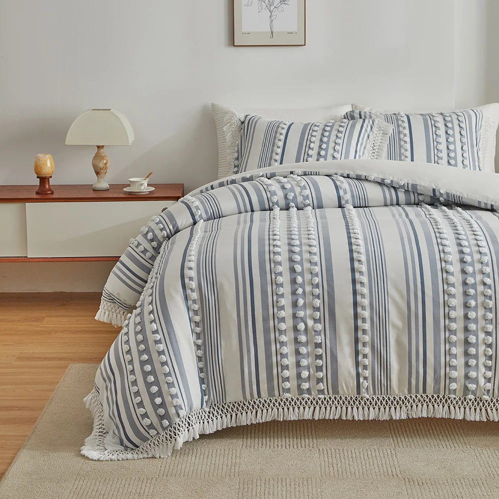 3-Pc Tassel Duvet Cover Set – Soft Polyester, All-Season