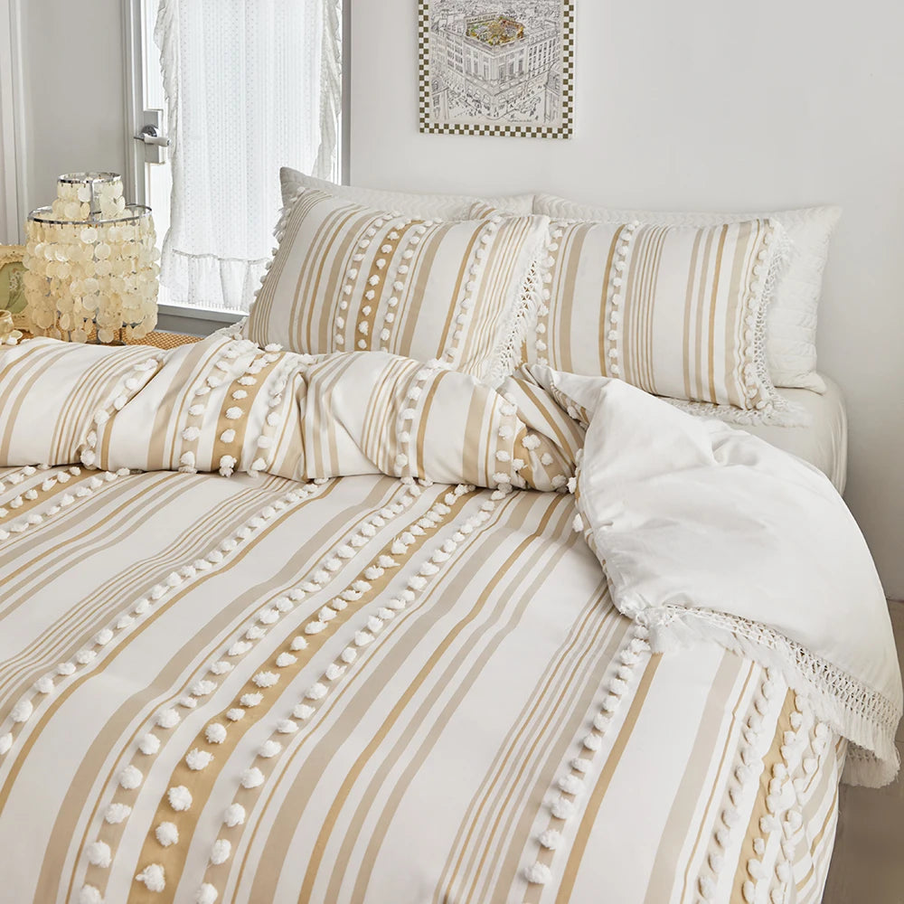 3-Pc Tassel Duvet Cover Set – Soft Polyester, All-Season