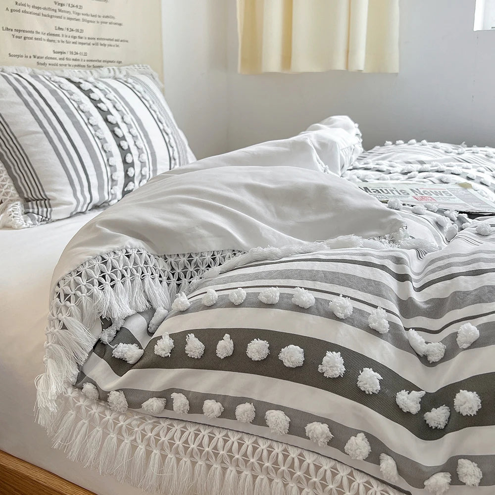 3-Pc Tassel Duvet Cover Set – Soft Polyester, All-Season