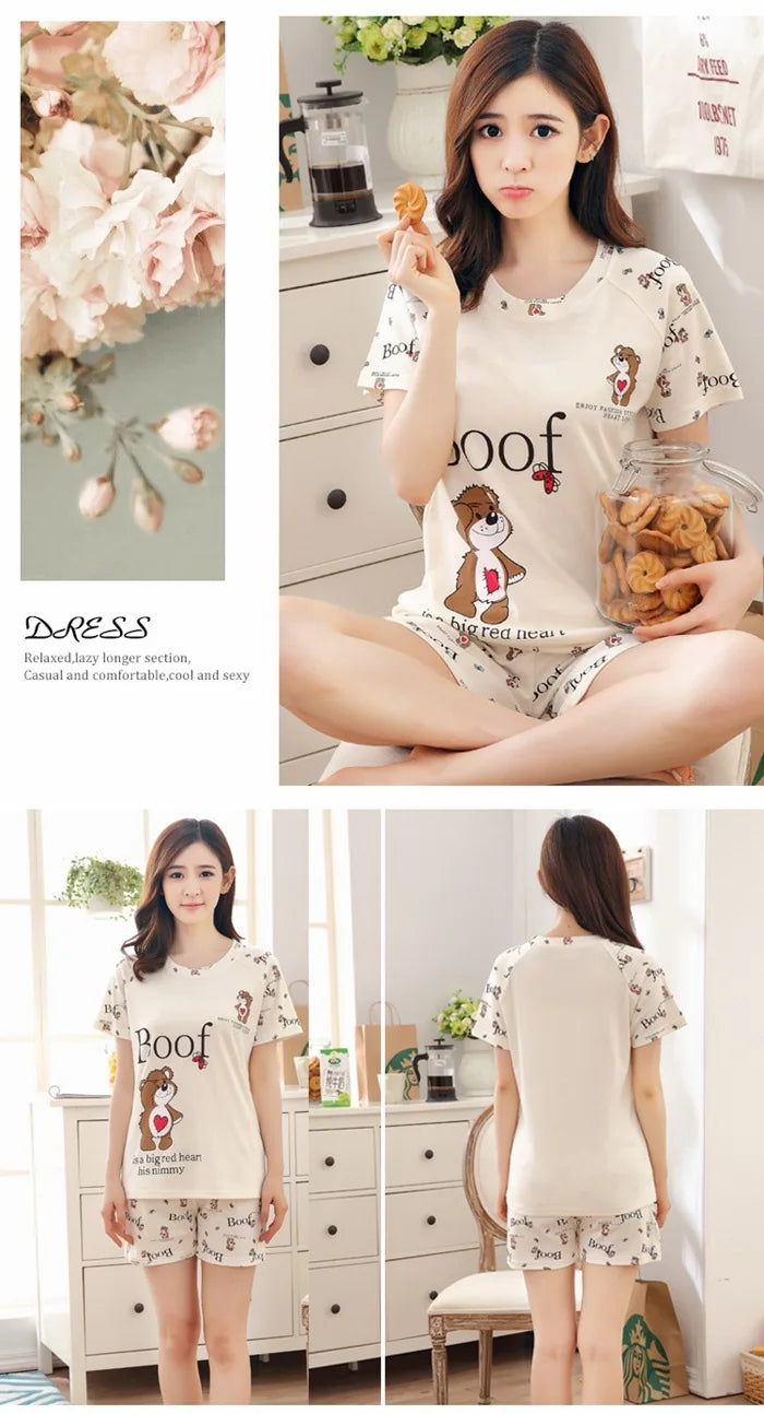 Women Thin Cute Sleepwear 2PCS Shirt Shorts Pajamas Set
