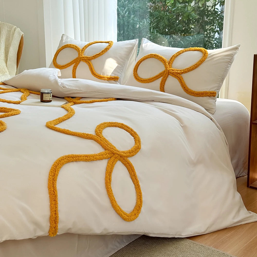3-piece yellow tufted bowknot bedding cover set