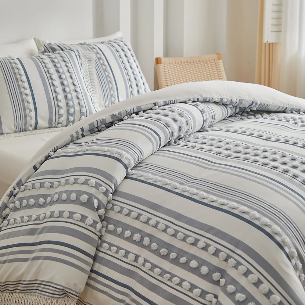 3-Pc Tassel Duvet Cover Set – Soft Polyester, All-Season