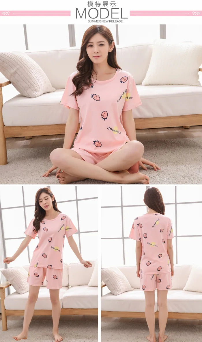 Women Thin Cute Sleepwear 2PCS Shirt Shorts Pajamas Set