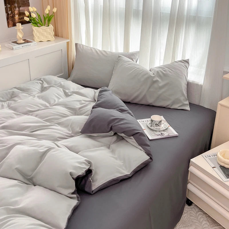 2-side Solid Color Brush Fabric Bed Set- 4 Pieces