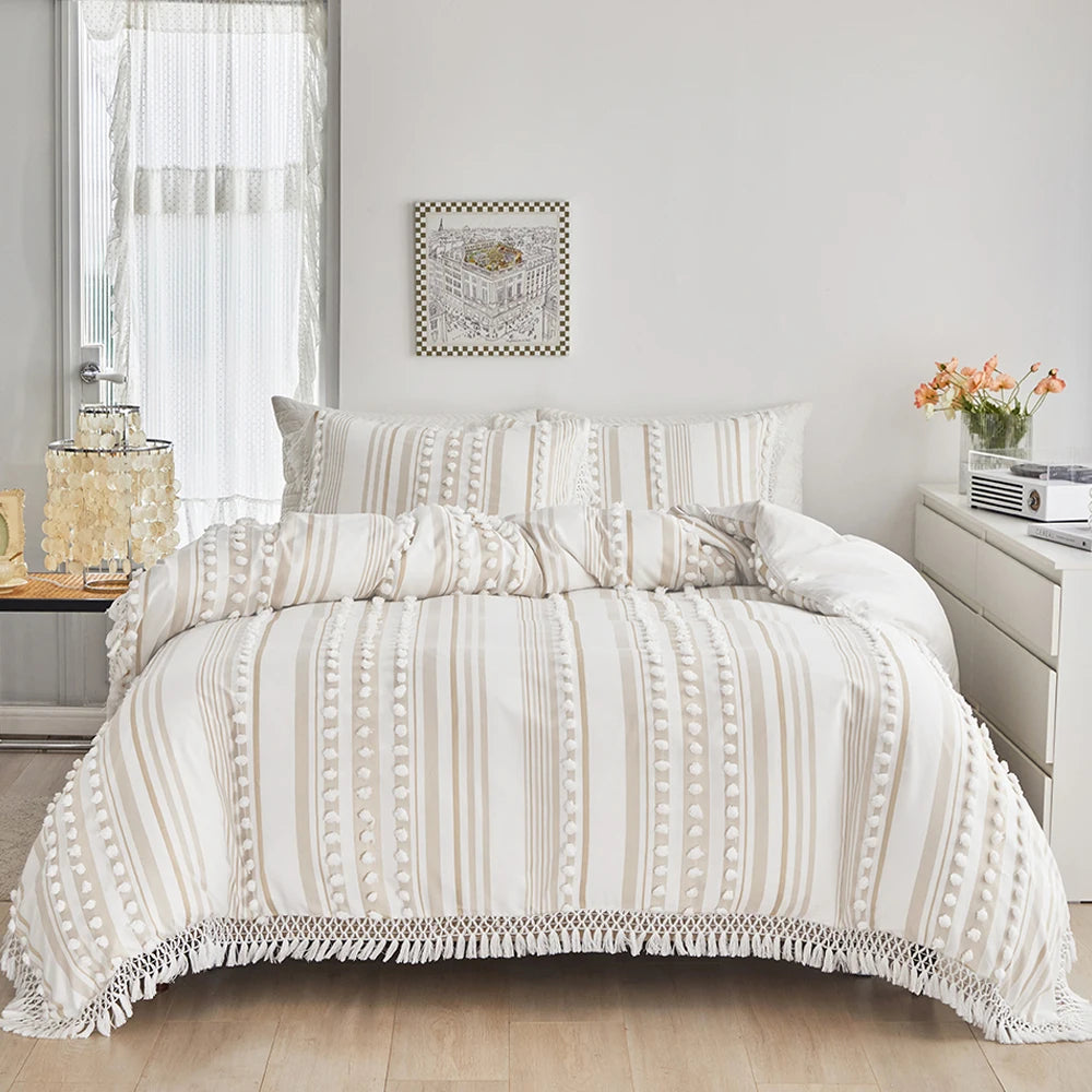 3-Pc Tassel Duvet Cover Set – Soft Polyester, All-Season