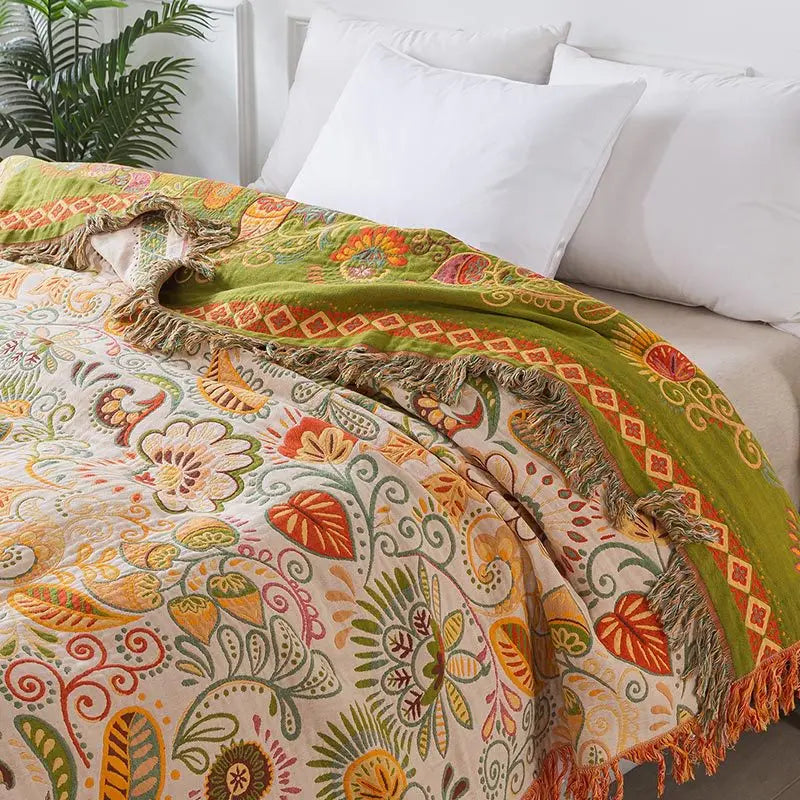 Lightweight Cotton Gauze Tassel Throw (Reversible, 4-Layer)