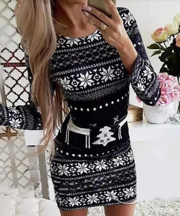 Christmas Dresses for Women Christmas Tree Print Long Sleeve O-neck Casual Bodycon Mini Dress 2022 Fashion Autumn