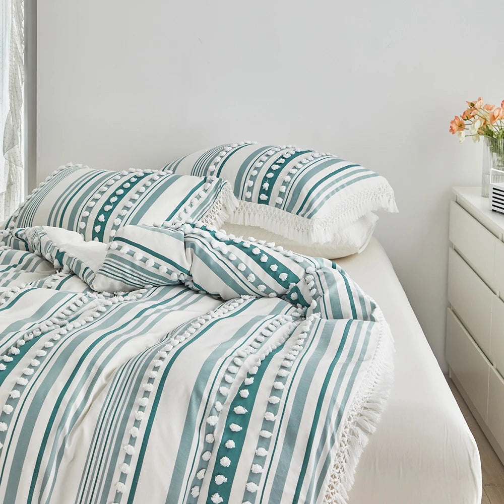 3-Pc Tassel Duvet Cover Set – Soft Polyester, All-Season