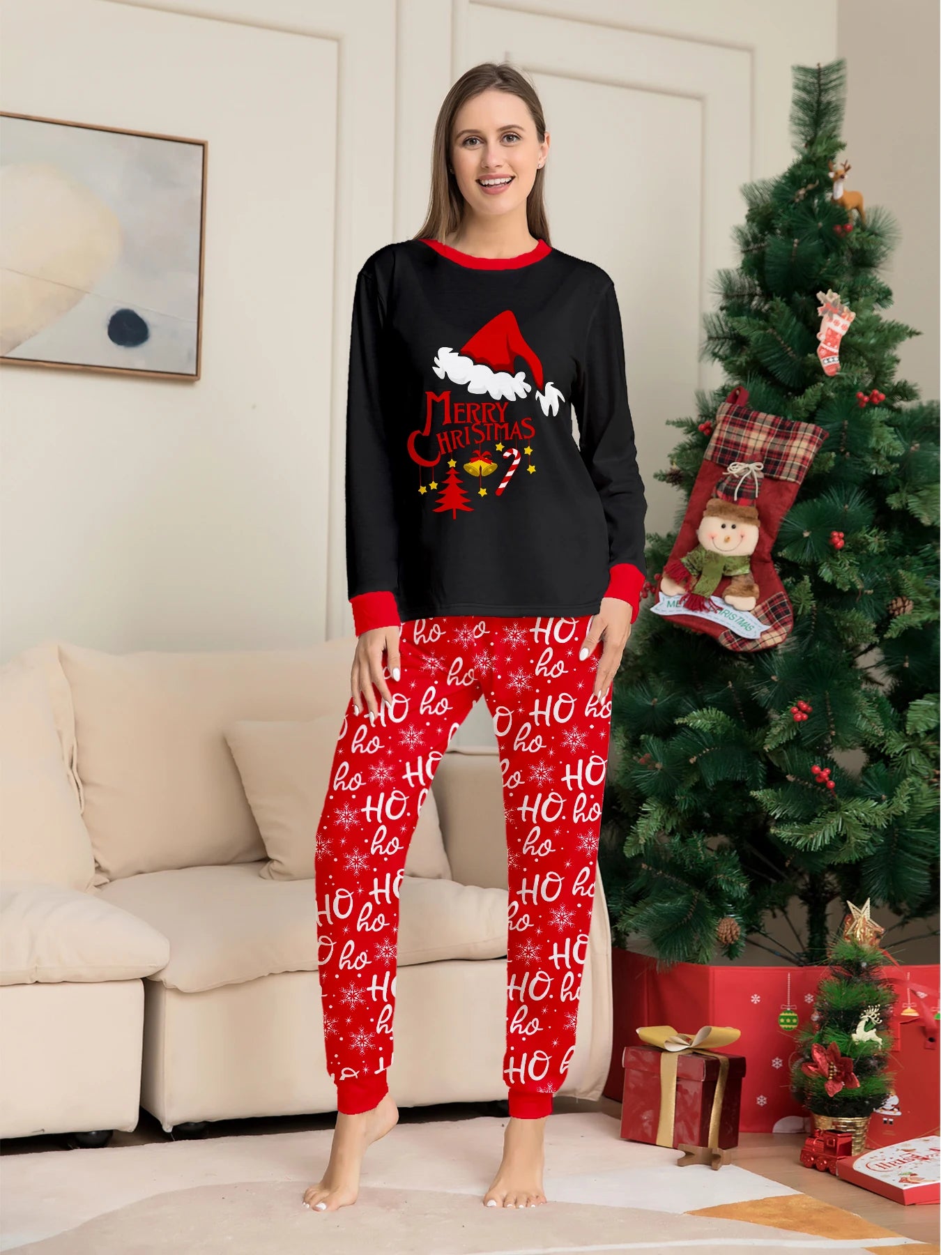 Festive Family Christmas Pajamas: Black with Santa Hat & 'Merry Christmas' + Red 'HO Ho' Pattern