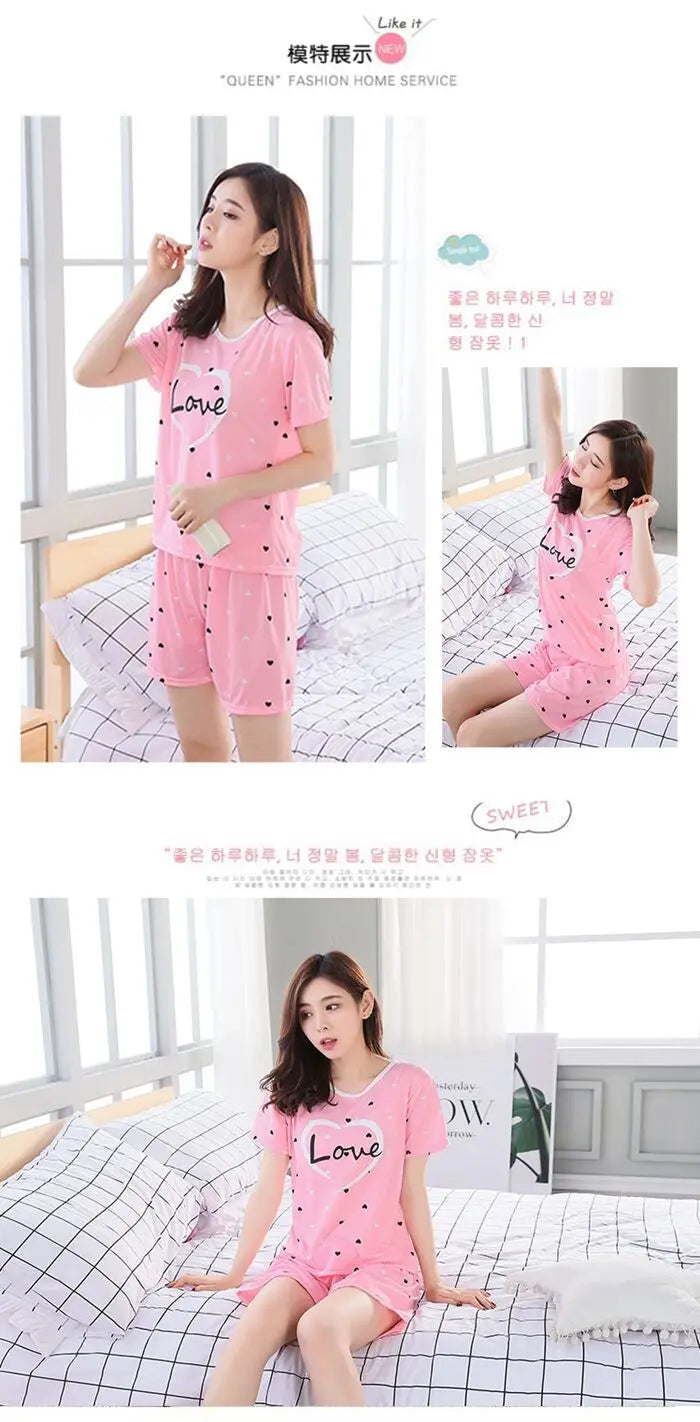 Women Thin Cute Sleepwear 2PCS Shirt Shorts Pajamas Set