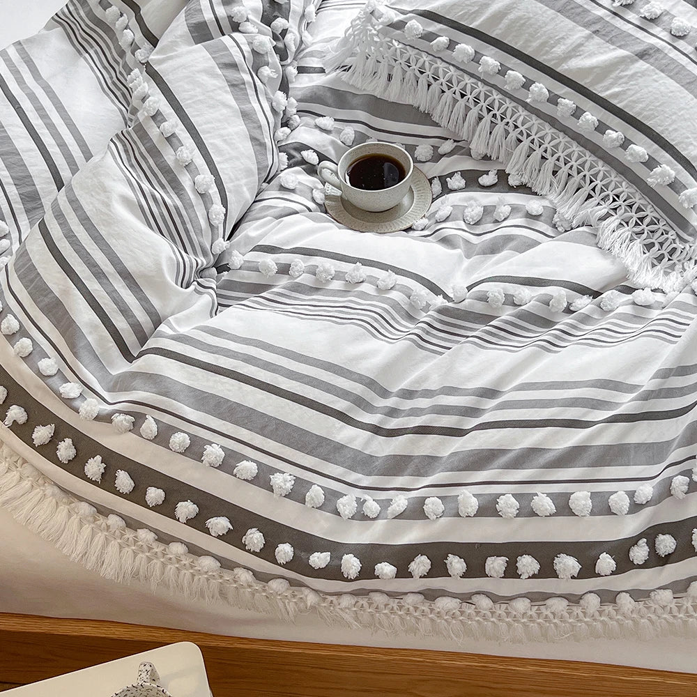 3-Pc Tassel Duvet Cover Set – Soft Polyester, All-Season