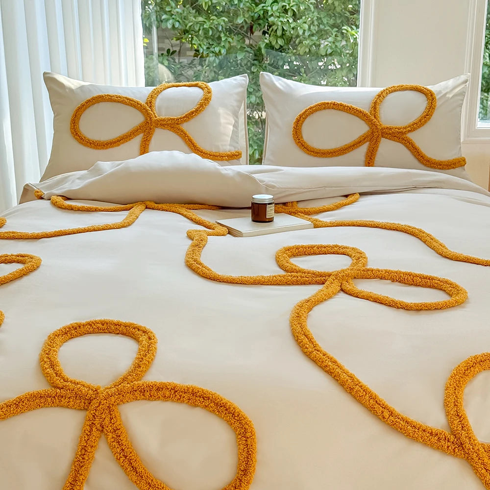 3-piece yellow tufted bowknot bedding cover set