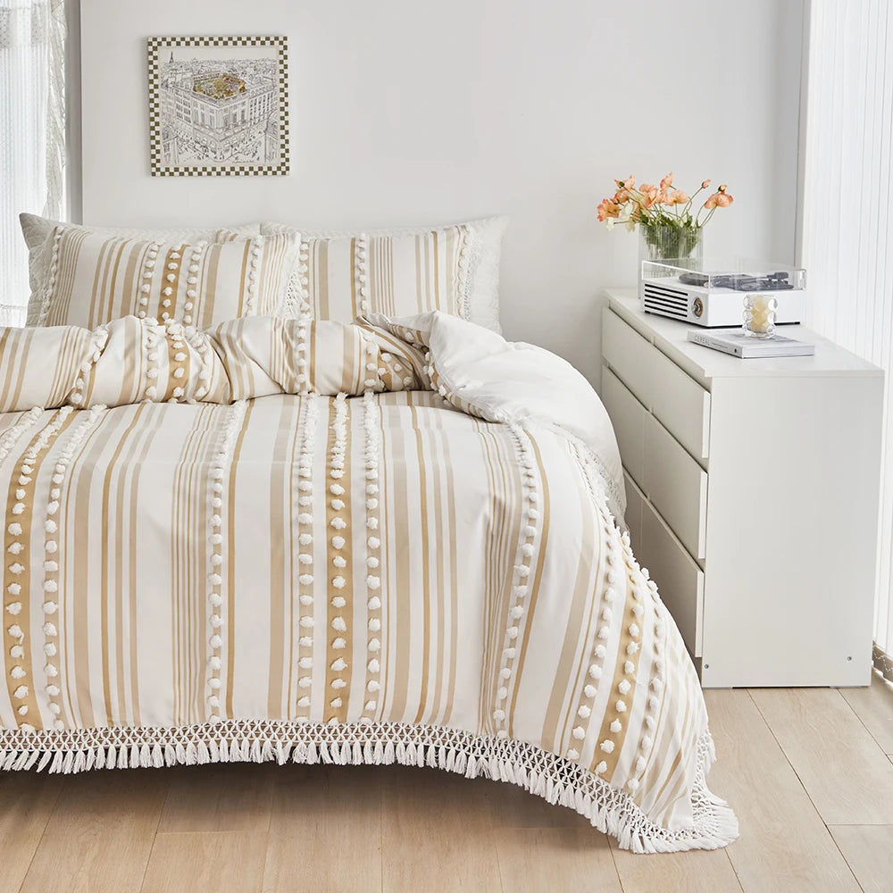 3-Pc Tassel Duvet Cover Set – Soft Polyester, All-Season