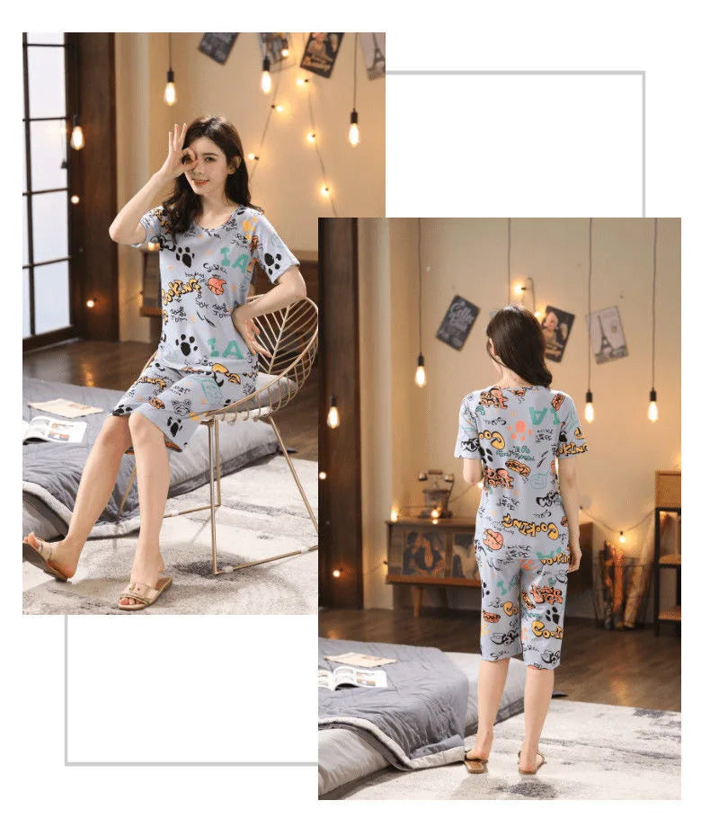 Women Sleepwear Half-Sleeve Seven-Quarter Pajamas