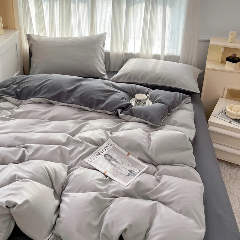 2-side Solid Color Brush Fabric Bed Set- 4 Pieces