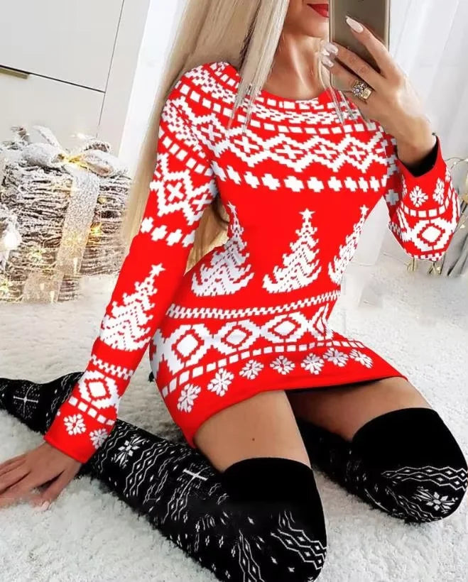 Christmas Dresses for Women Christmas Tree Print Long Sleeve O-neck Casual Bodycon Mini Dress 2022 Fashion Autumn