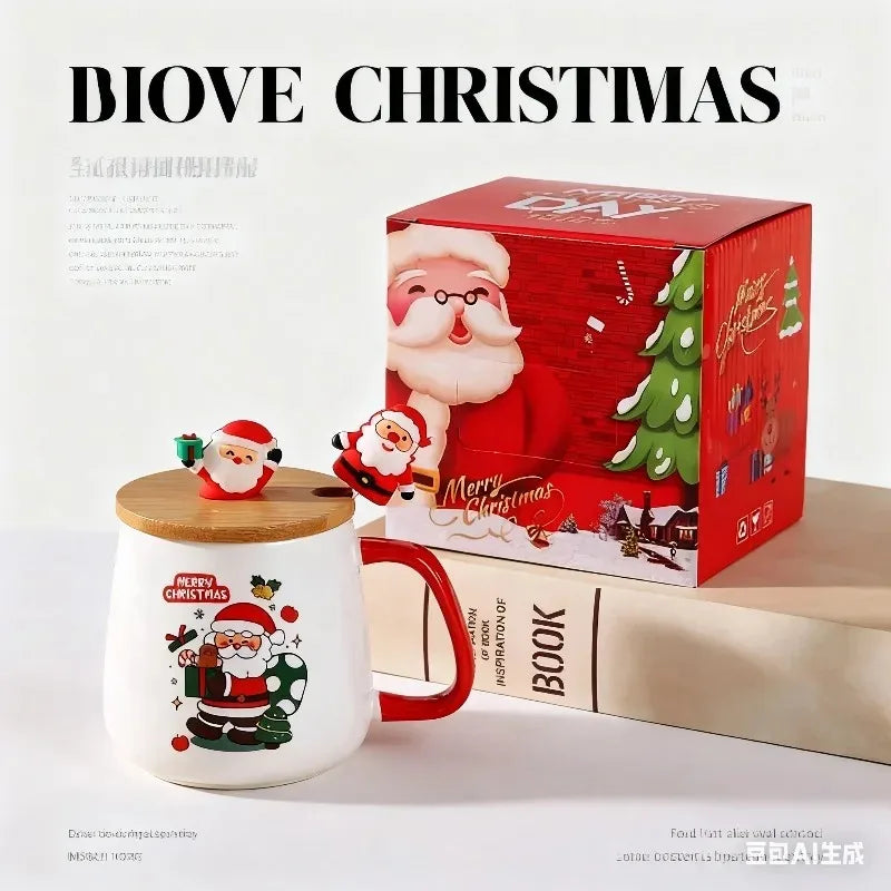 Christmas  ceramic mug with lid and spoon