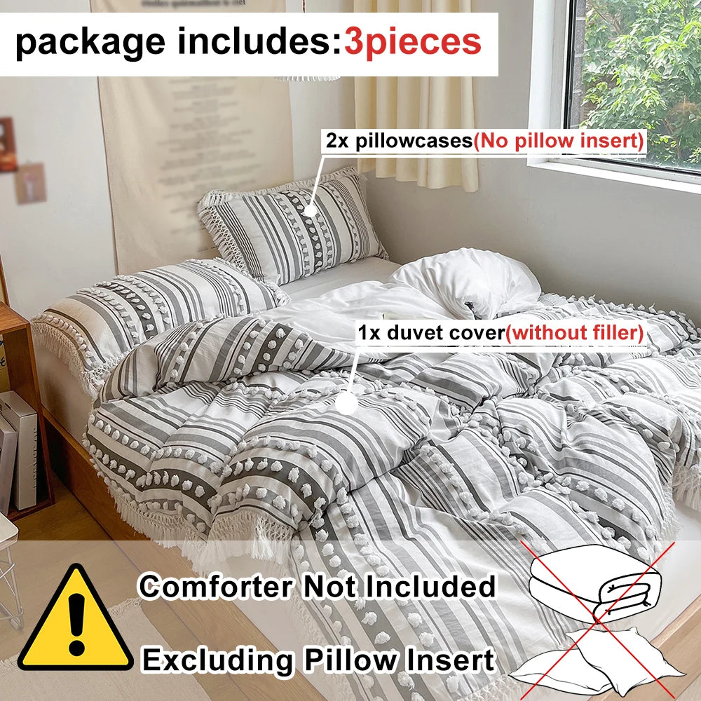 3-Pc Tassel Duvet Cover Set – Soft Polyester, All-Season