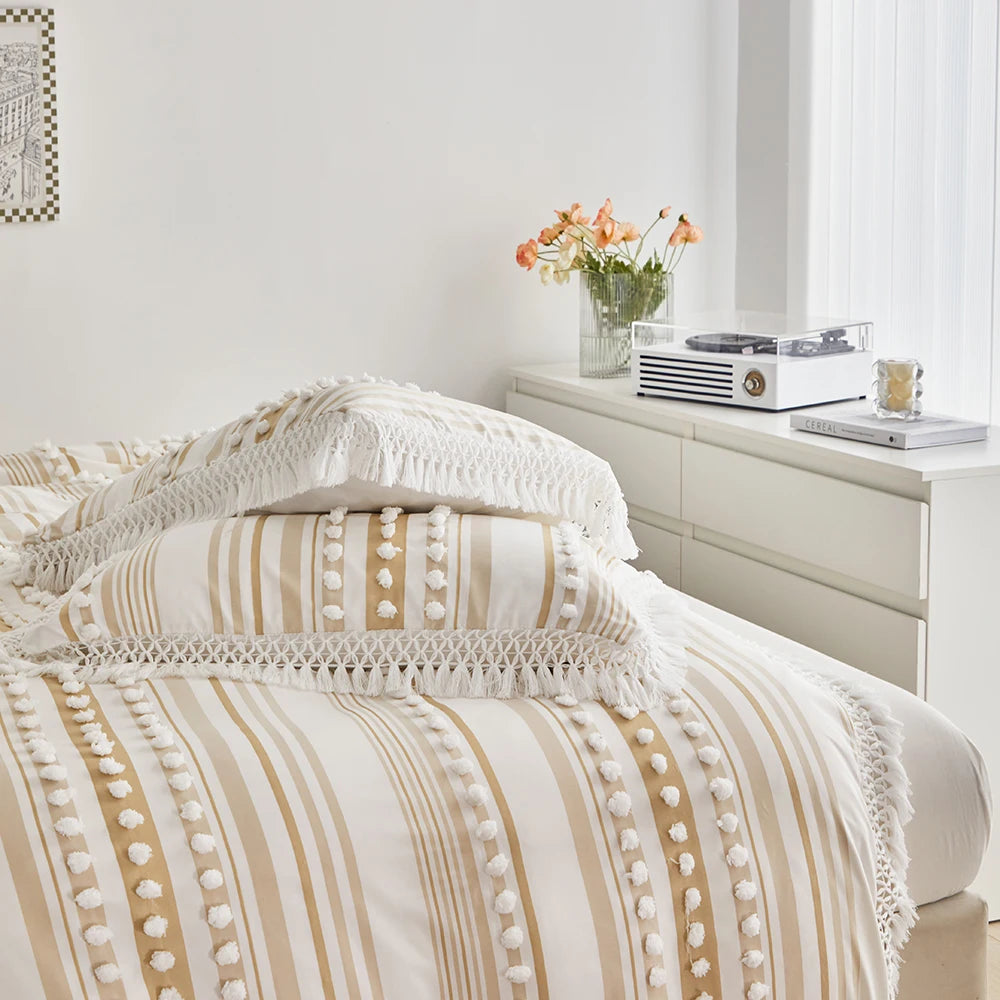 3-Pc Tassel Duvet Cover Set – Soft Polyester, All-Season